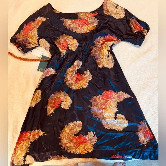 Schone Maternity Feather Blue Mini Dress w Orange Belt NEW Women’s Size L - Picture 7 of 10